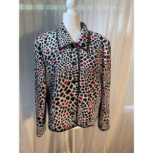 Vintage Maggy London Size 16 Quilted Jacket‎ 100% Silk White Red Black Pattern